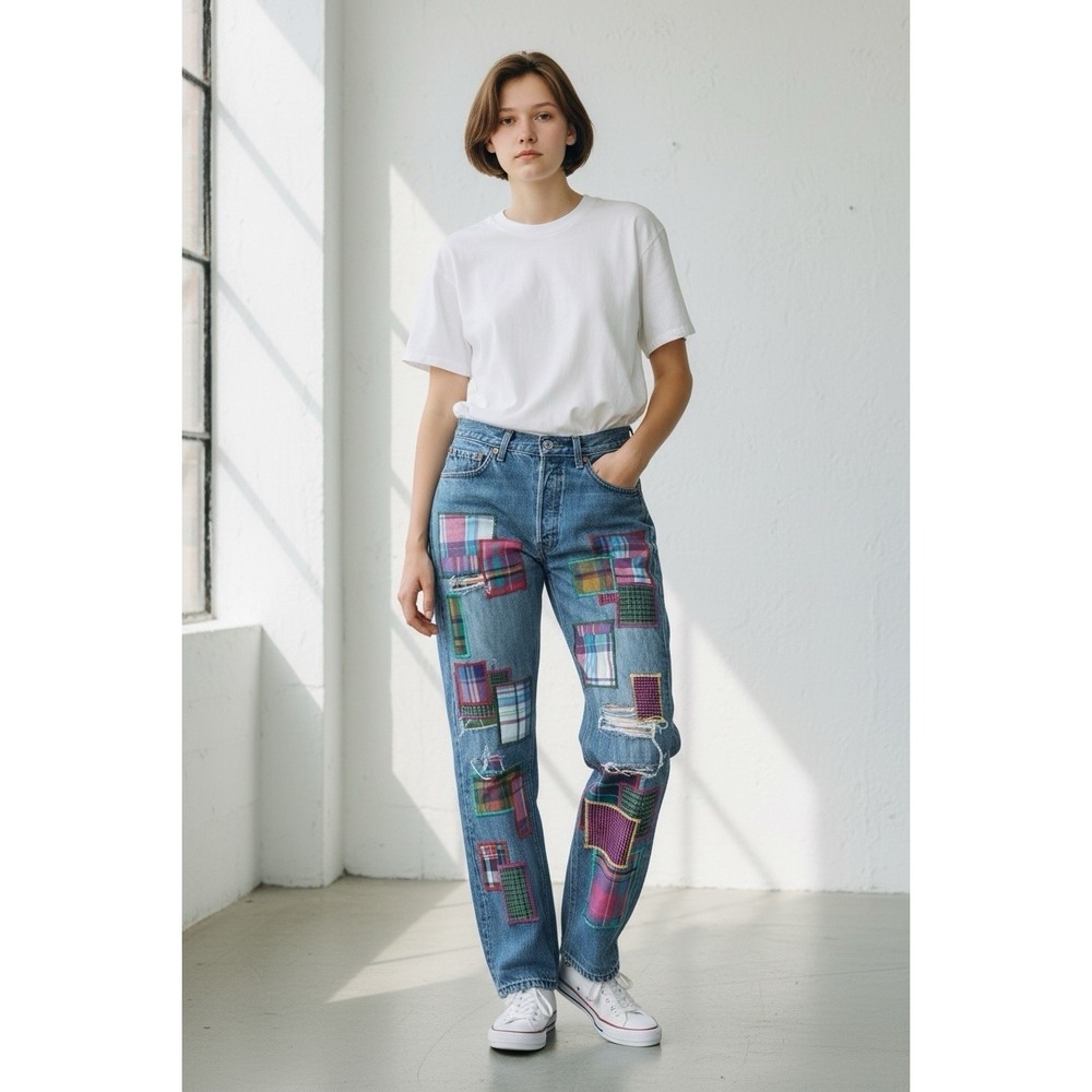 Rialto Jeans Free People Levi 501 Patchwork  W29 L30 Trendy Distressed Fun